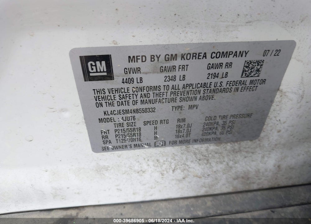 2022 BUICK ENCORE AWD PREFERRED VIN: KL4CJESM4NB550332