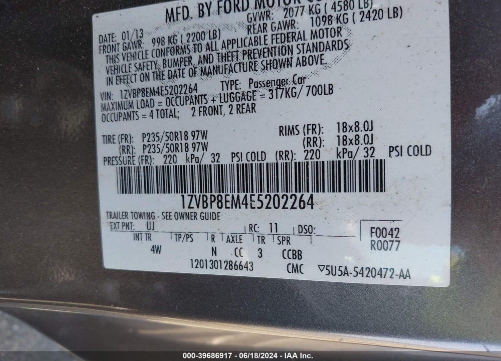 2014 FORD MUSTANG V6 PREMIUM VIN: 1ZVBP8EM4E5202264