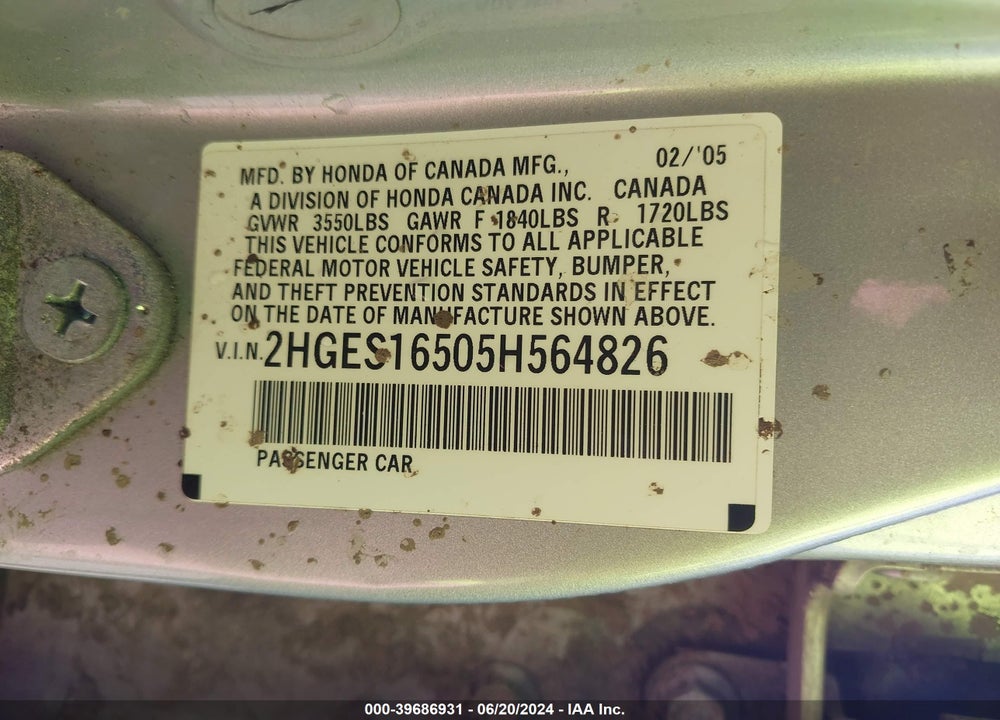 2005 HONDA CIVIC LX/LX SE VIN: 2HGES16505H564826