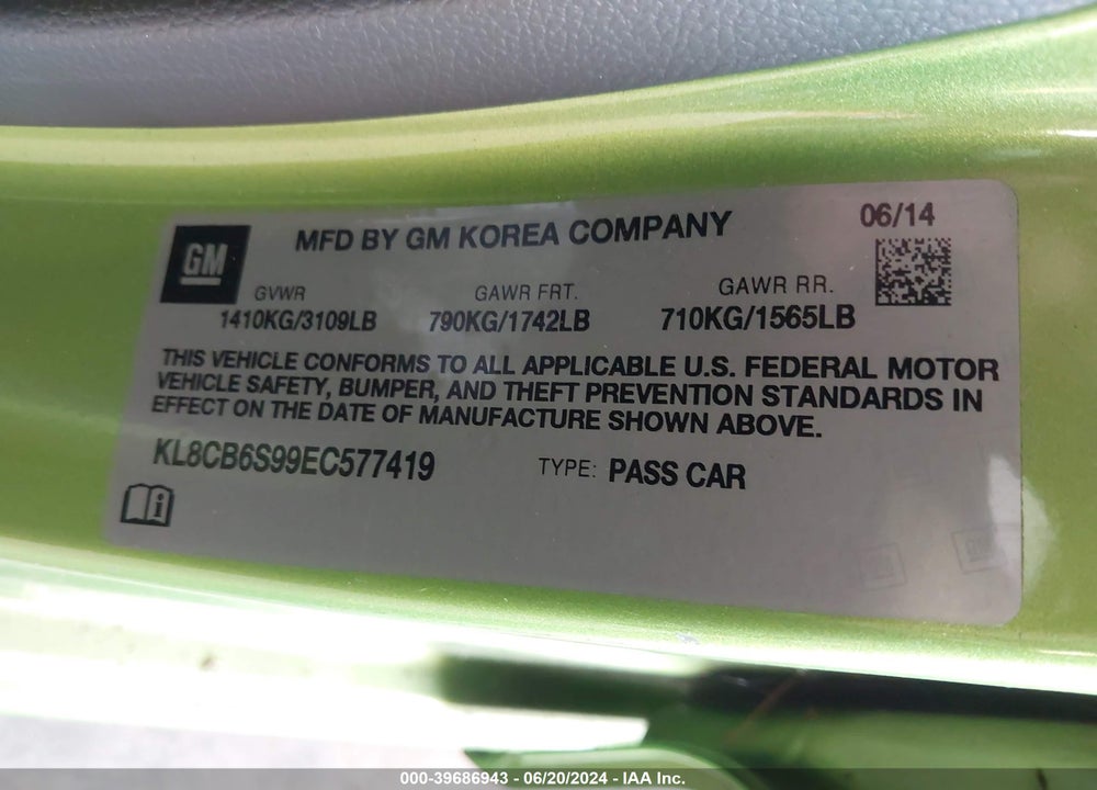 2014 CHEVROLET SPARK LS AUTO VIN: KL8CB6S99EC577419