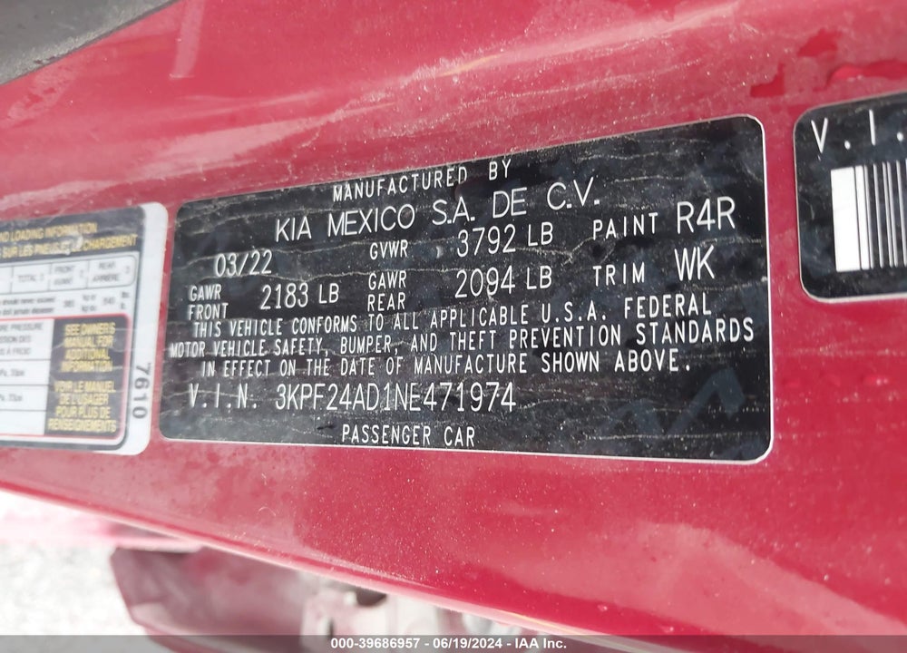 2022 KIA FORTE LXS VIN: 3KPF24AD1NE471974