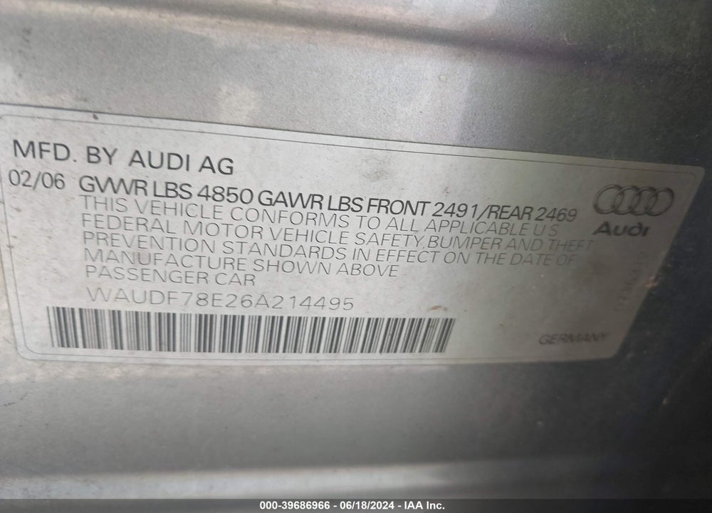 2006 AUDI A4 2.0T VIN: WAUDF78E26A214495