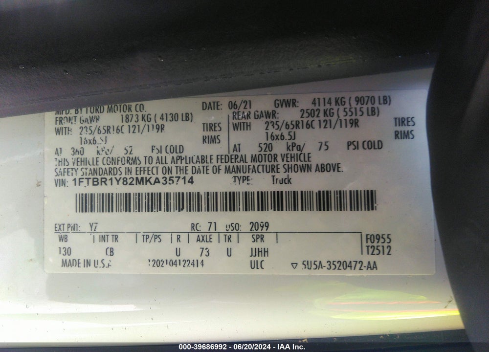 2021 FORD TRANSIT-250 VIN: 1FTBR1Y82MKA35714
