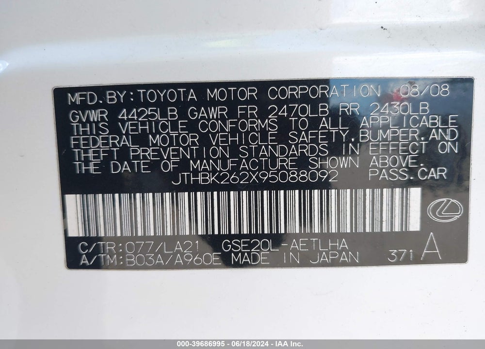 2009 LEXUS IS 250 VIN: JTHBK262X95088092