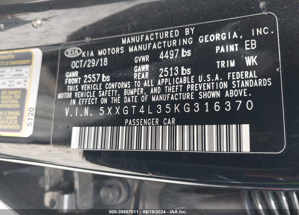 2019 KIA OPTIMA LX VIN: 5XXGT4L35KG316370