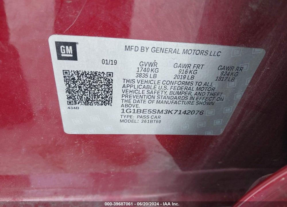 2019 CHEVROLET CRUZE LT VIN: 1G1BE5SM3K7142076