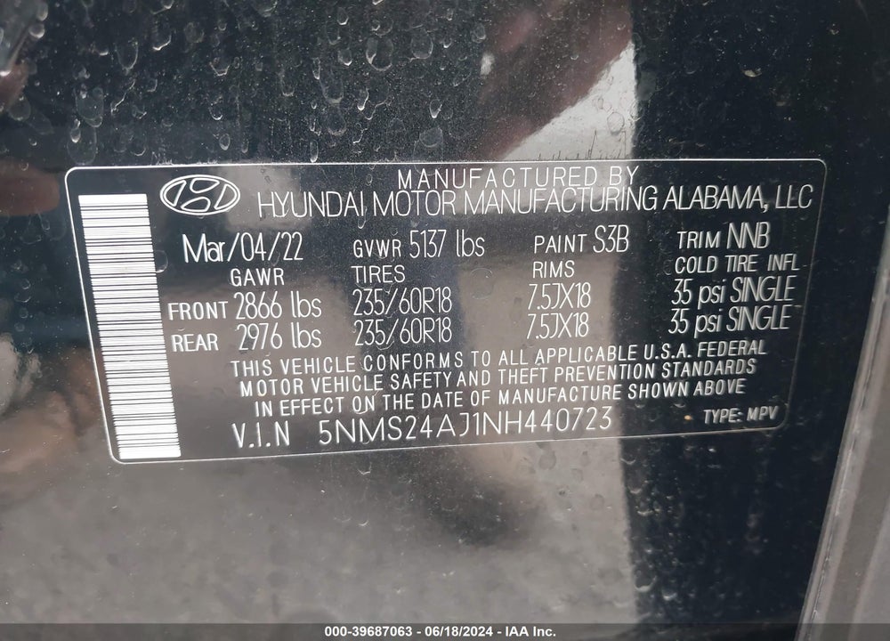 2022 HYUNDAI SANTA FE SEL VIN: 5NMS24AJ1NH440723