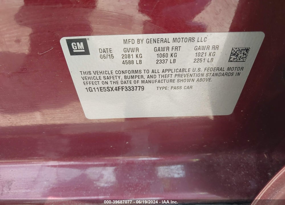 2015 CHEVROLET MALIBU 3LT VIN: 1G11E5SX4FF333779