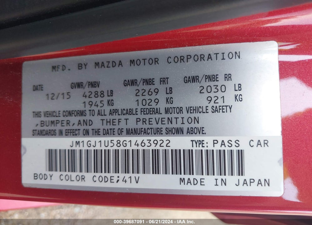 2016 MAZDA 6 I SPORT VIN: JM1GJ1U58G1463922