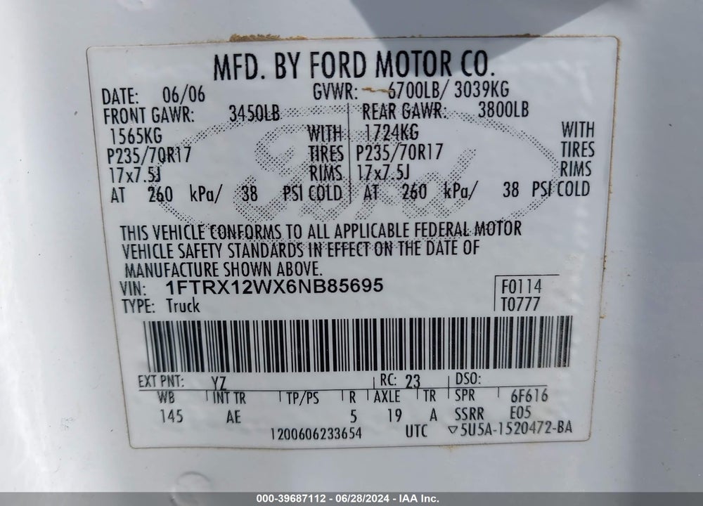 2006 FORD F-150 VIN: 1FTRX12WX6NB85695