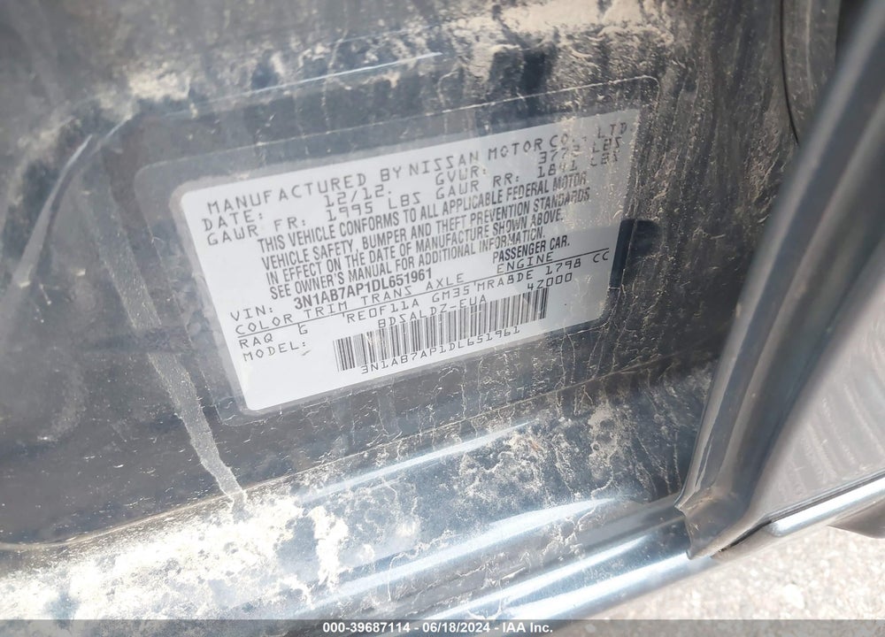 2013 NISSAN SENTRA SV VIN: 3N1AB7AP1DL651961
