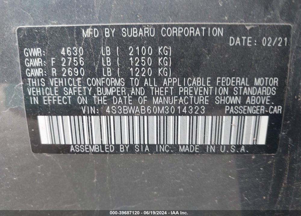 2021 SUBARU LEGACY VIN: 4S3BWAB60M3014323