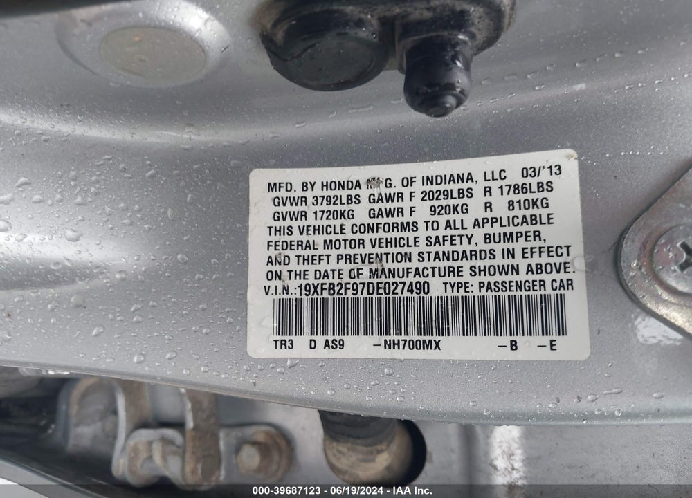 2013 HONDA CIVIC VIN: 19XFB2F97DE027490