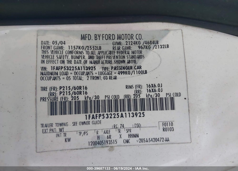2005 FORD TAURUS SE VIN: 1FAFP53225A113925