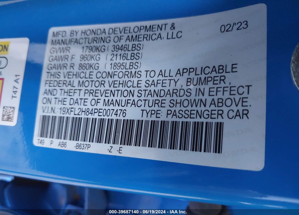 2023 HONDA CIVIC SPORT VIN: 19XFL2H84PE007476