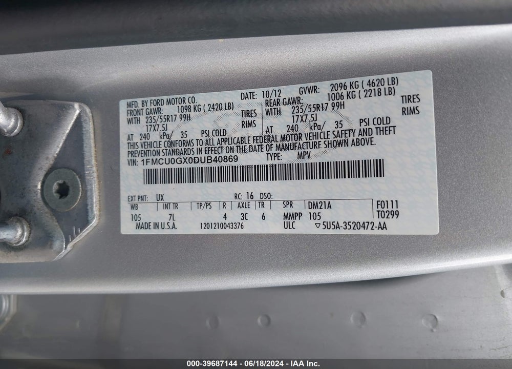 2013 FORD ESCAPE SE VIN: 1FMCU0GX0DUB40869