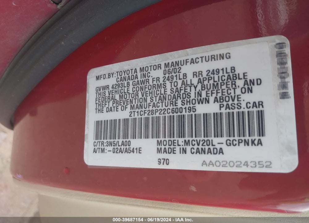 2002 TOYOTA CAMRY SOLARA SLE V6 VIN: 2T1CF28P22C600195