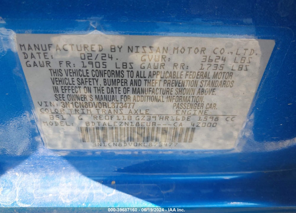 2024 NISSAN VERSA 1.6 S+ VIN: 3N1CN8DV0RL873477