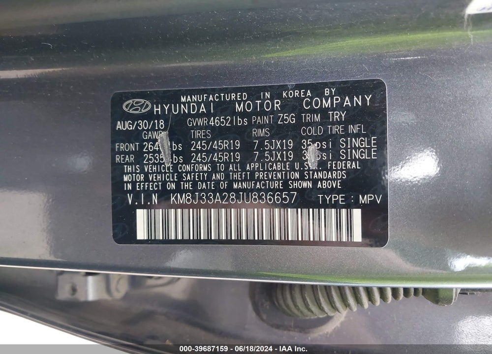 2018 HYUNDAI TUCSON VALUE VIN: KM8J33A28JU836657