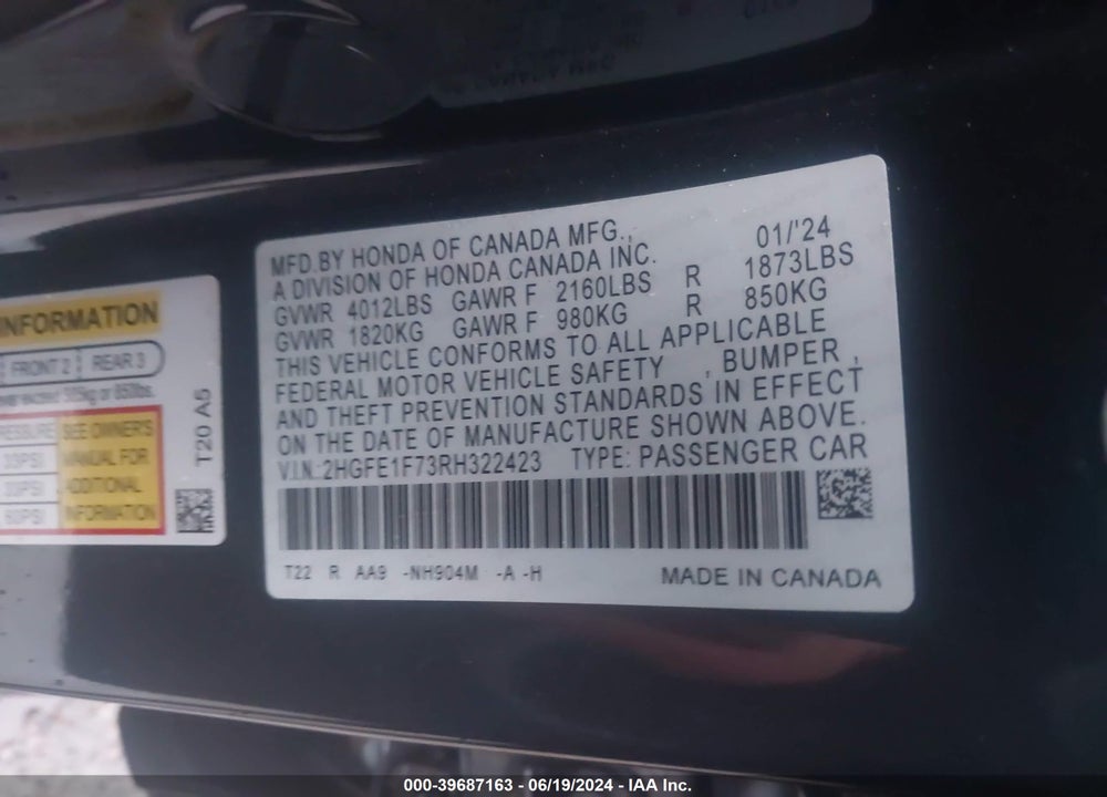 2024 HONDA CIVIC EX VIN: 2HGFE1F73RH322423