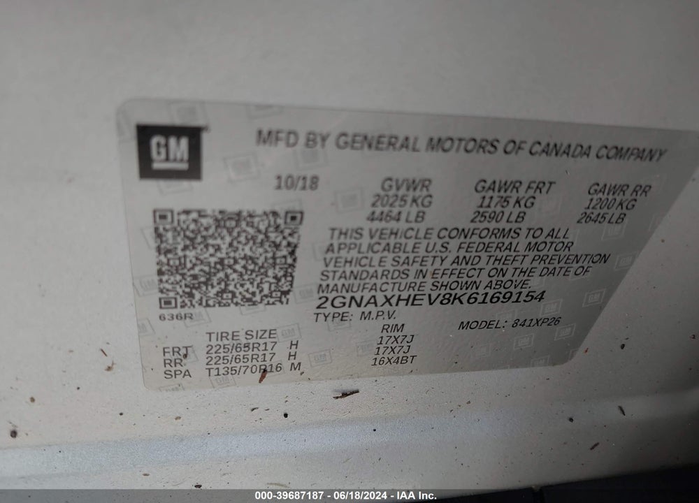 2019 CHEVROLET EQUINOX LS VIN: 2GNAXHEV8K6169154