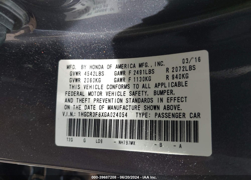 2016 HONDA ACCORD EX-L V-6 VIN: 1HGCR3F8XGA024054