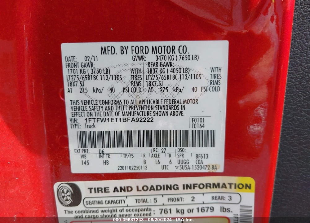 2011 FORD F-150 LARIAT VIN: 1FTFW1ET1BFA92222