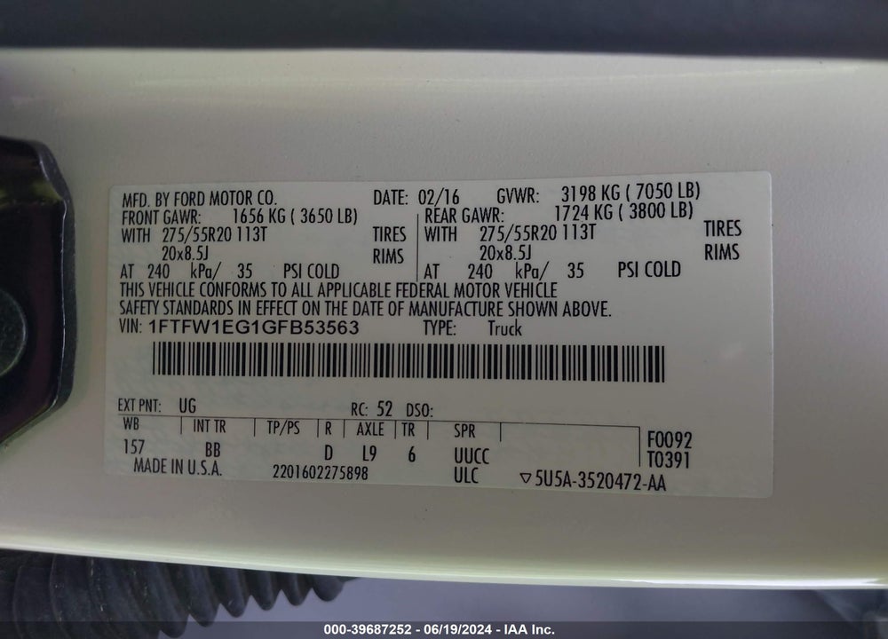 2016 FORD F-150 PLATINUM VIN: 1FTFW1EG1GFB53563
