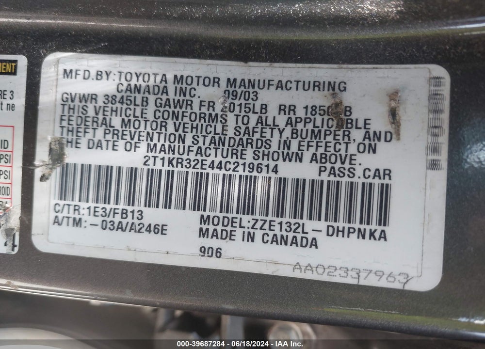 2004 TOYOTA MATRIX/XR VIN: 2T1KR32E44C219614