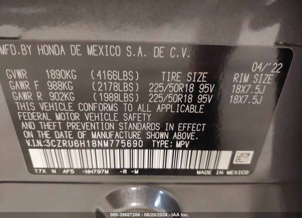 2022 HONDA HR-V AWD SPORT VIN: 3CZRU6H18NM775690