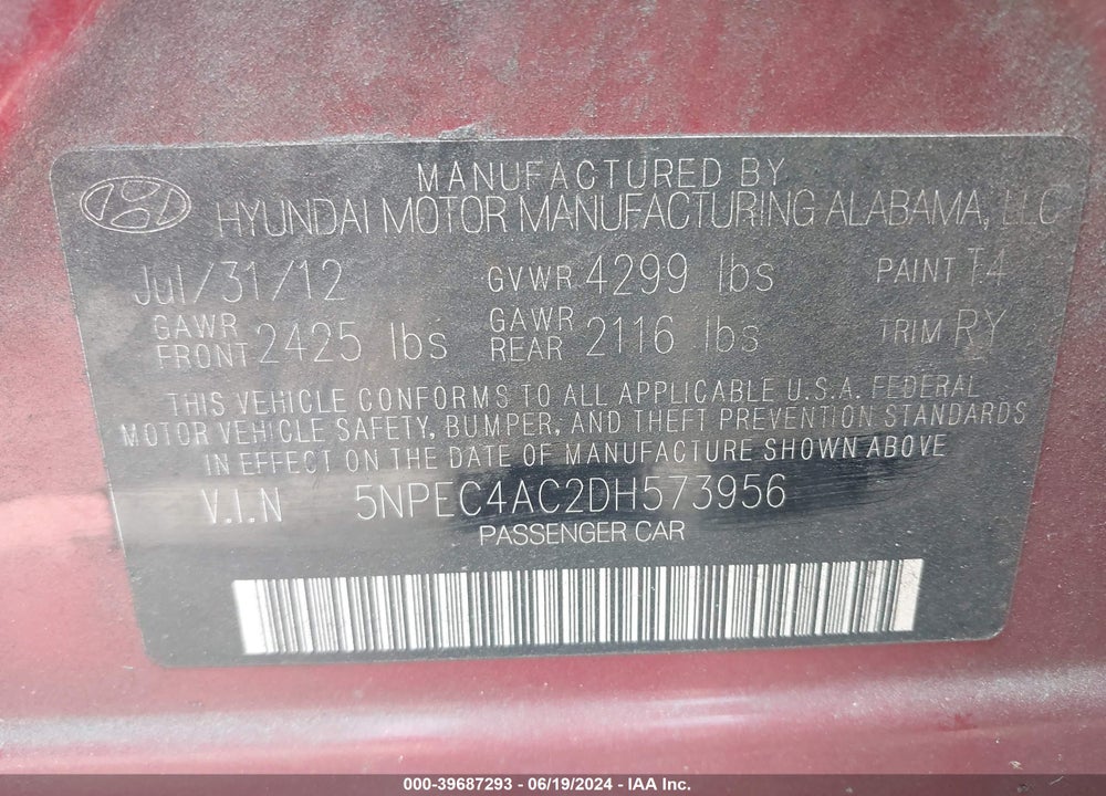 2013 HYUNDAI SONATA SE VIN: 5NPEC4AC2DH573956