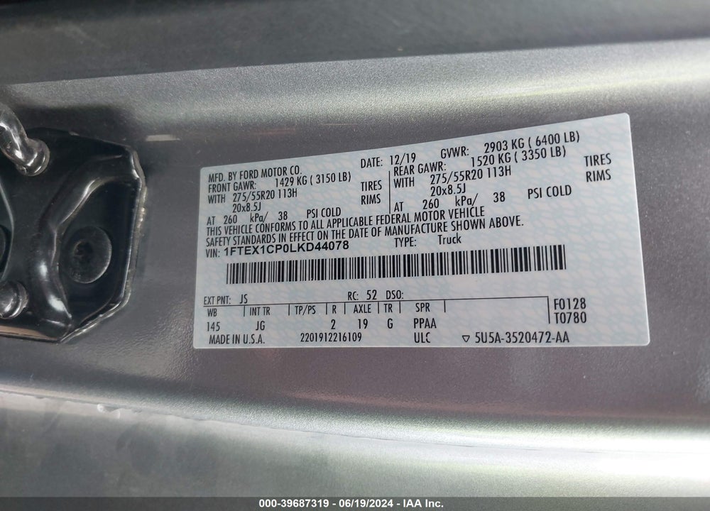 2020 FORD F-150 XL VIN: 1FTEX1CP0LKD44078