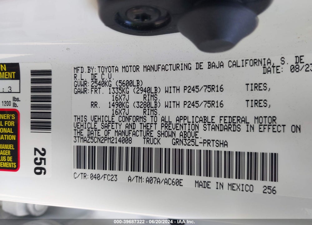 2023 TOYOTA TACOMA SR5 V6 VIN: 3TMAZ5CN2PM214008
