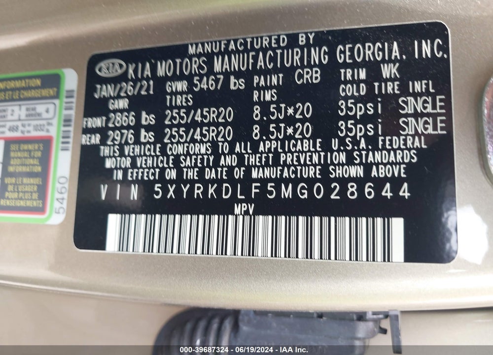 2021 KIA SORENTO VIN: 5XYRKDLF5MG028644