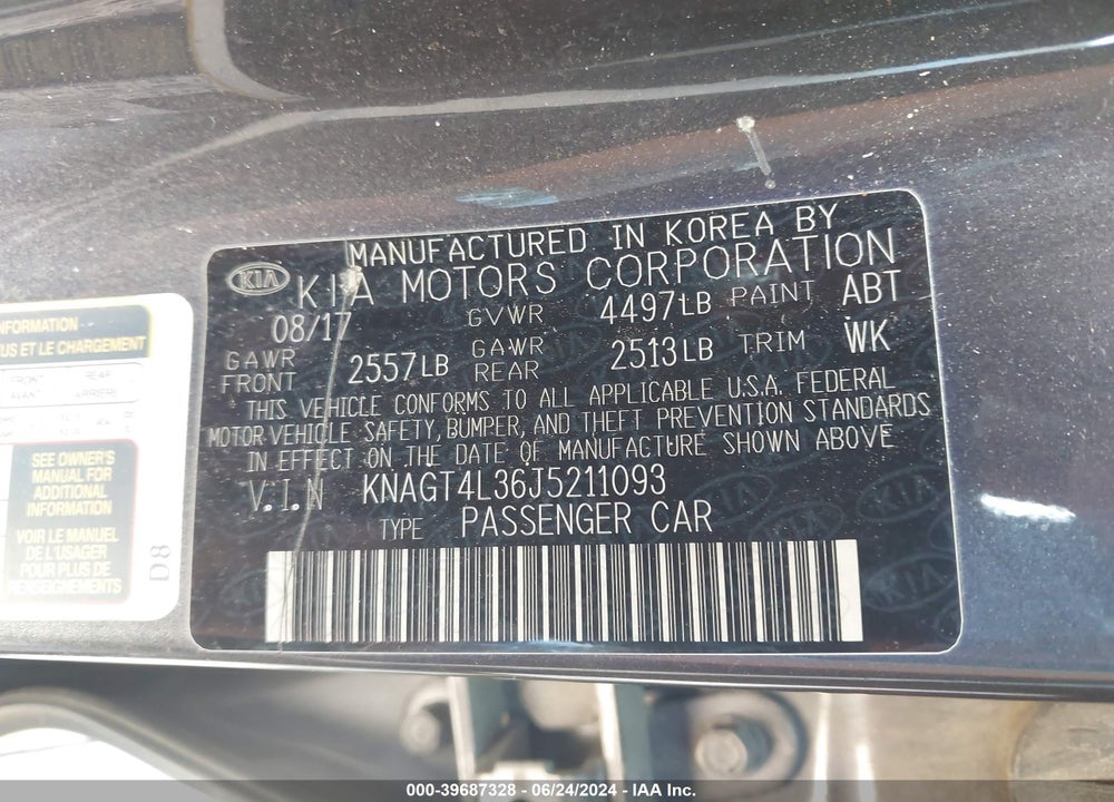2018 KIA OPTIMA LX VIN: KNAGT4L36J5211093