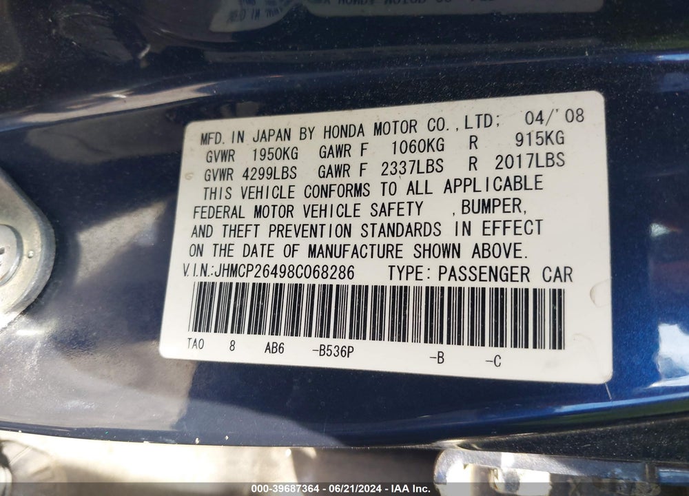 2008 HONDA ACCORD 2.4 LX-P VIN: JHMCP26498C068286