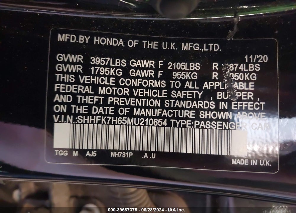 2021 HONDA CIVIC EX VIN: SHHFK7H65MU210654