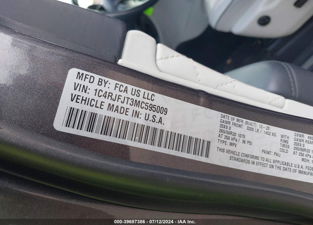 2021 JEEP GRAND CHEROKEE SUMMIT 4X4 VIN: 1C4RJFJT3MC595009