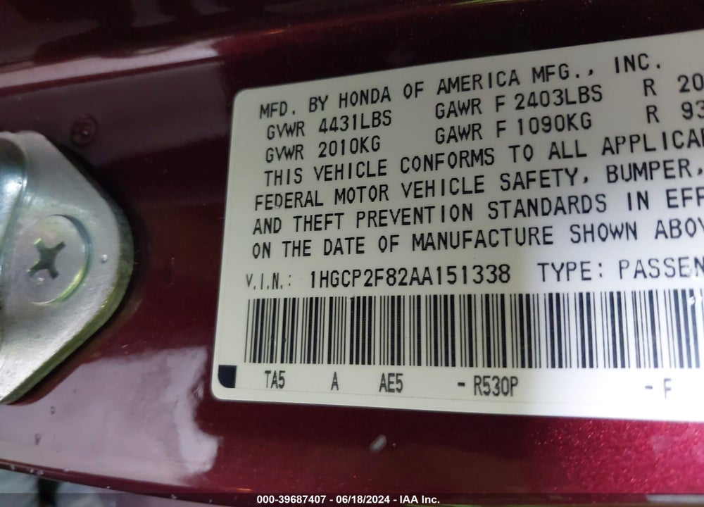2010 HONDA ACCORD 2.4 EX-L VIN: 1HGCP2F82AA151338