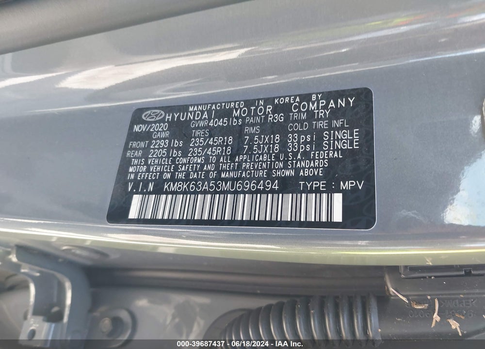 2021 HYUNDAI KONA NIGHT VIN: KM8K63A53MU696494