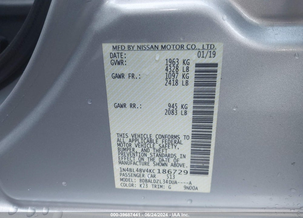 2019 NISSAN ALTIMA 2.5 S VIN: 1N4BL4BV4KC186729
