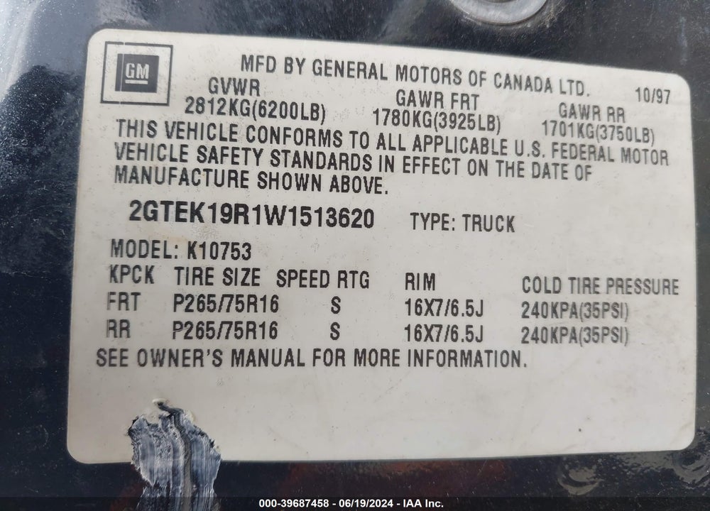 1998 GMC SIERRA 1500 SLE SPORTSIDE VIN: 2GTEK19R1W1513620