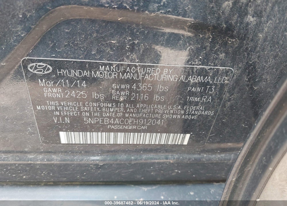 2014 HYUNDAI SONATA GLS VIN: 5NPEB4AC0EH912041