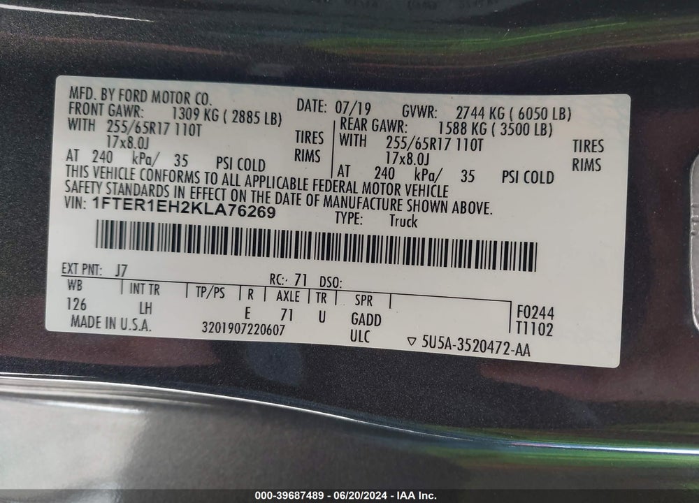 2019 FORD RANGER XL VIN: 1FTER1EH2KLA76269