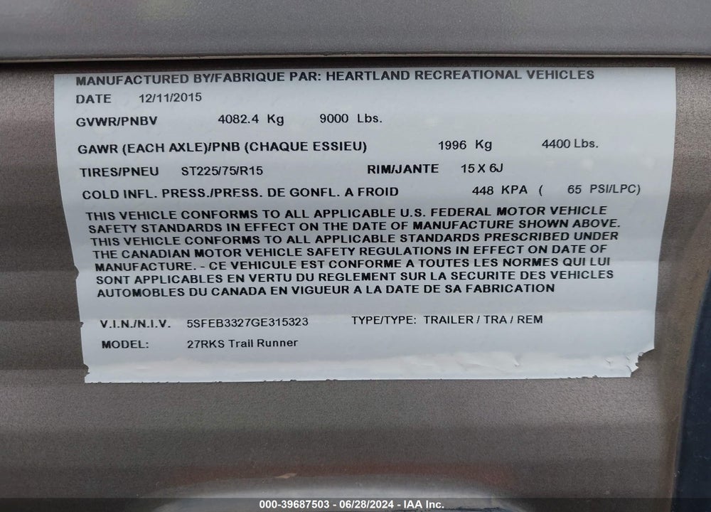 2016 HEARTLAND TRAIL RUNNER VIN: 5SFEB3327GE315323