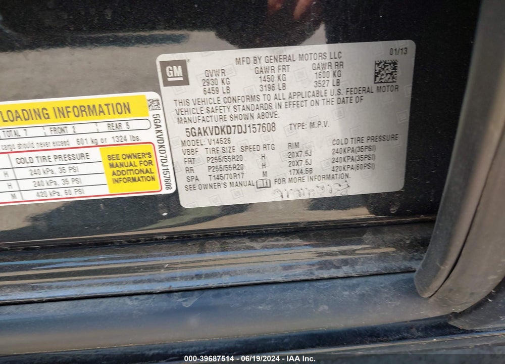 2013 BUICK ENCLAVE PREMIUM VIN: 5GAKVDKD7DJ157608