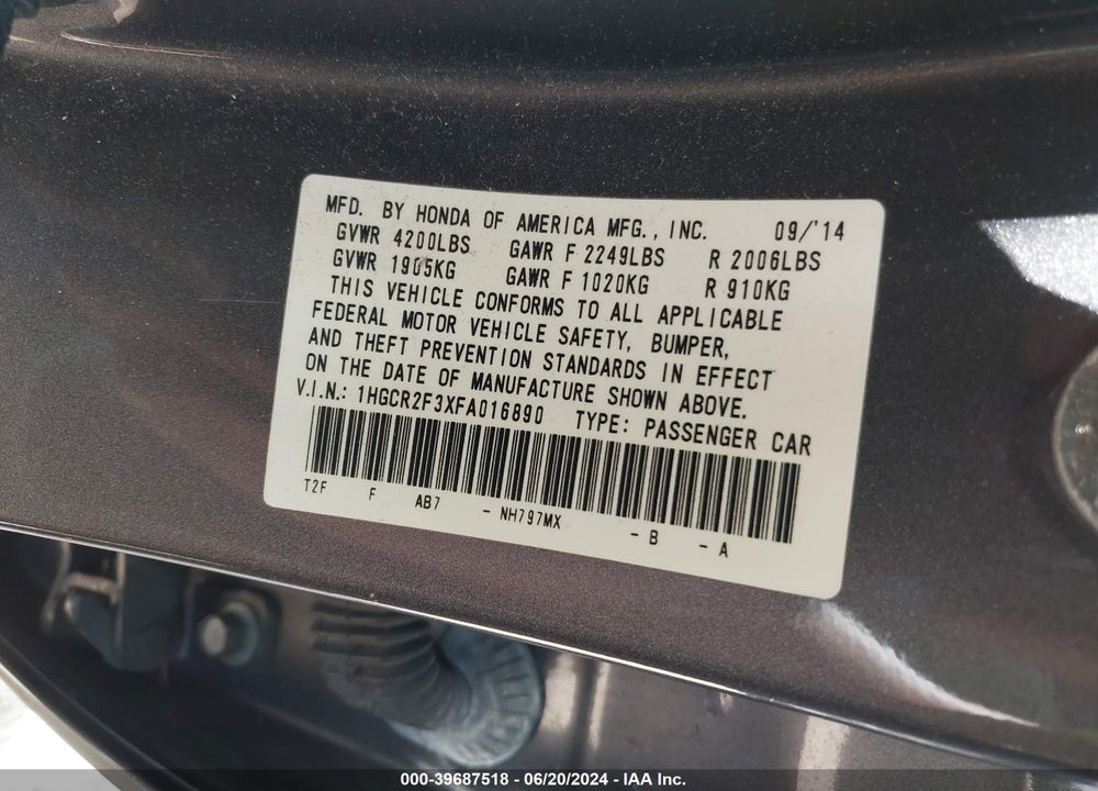 2015 HONDA ACCORD LX VIN: 1HGCR2F3XFA016890