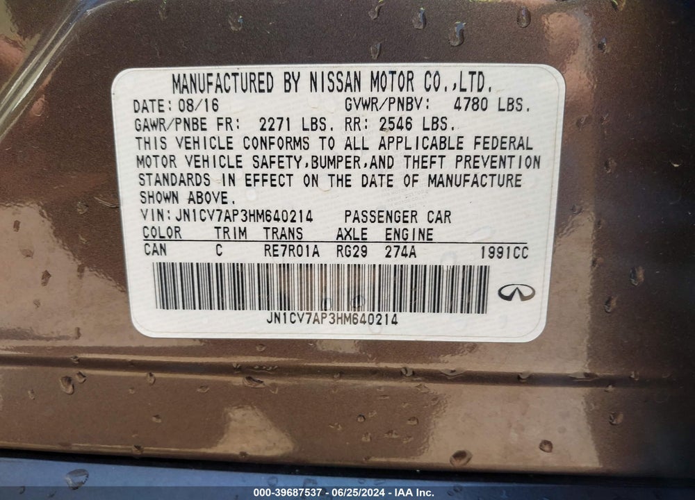 2017 INFINITI Q50 2.0T PREMIUM VIN: JN1CV7AP3HM640214