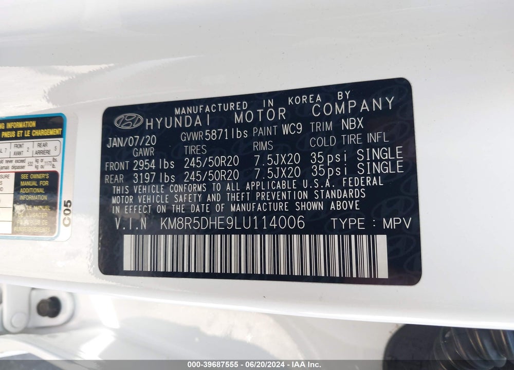 2020 HYUNDAI PALISADE LIMITED VIN: KM8R5DHE9LU114006