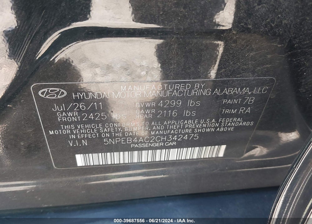 2012 HYUNDAI SONATA GLS VIN: 5NPEB4AC2CH342475